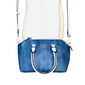 Guess Denim Logo Satchel Quattro G Convertible Crossbody Purse Blue Monogram